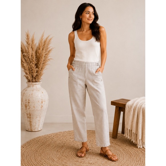 Athleta Pants - Athleta Linen Side Buckle Pants Beige Oatmeal Petite 6P Relaxed Tapered Ankle